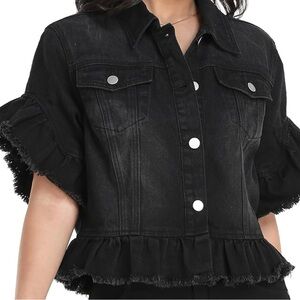 Women's Denim Jacket Ruffle Sleeve Button Down Distressed Cropped Jean Jackets